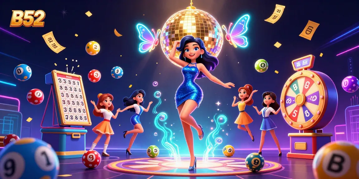 B52 casino experience with a glamorous woman amid colorful game elements like lottery balls and a spinning prize wheel.