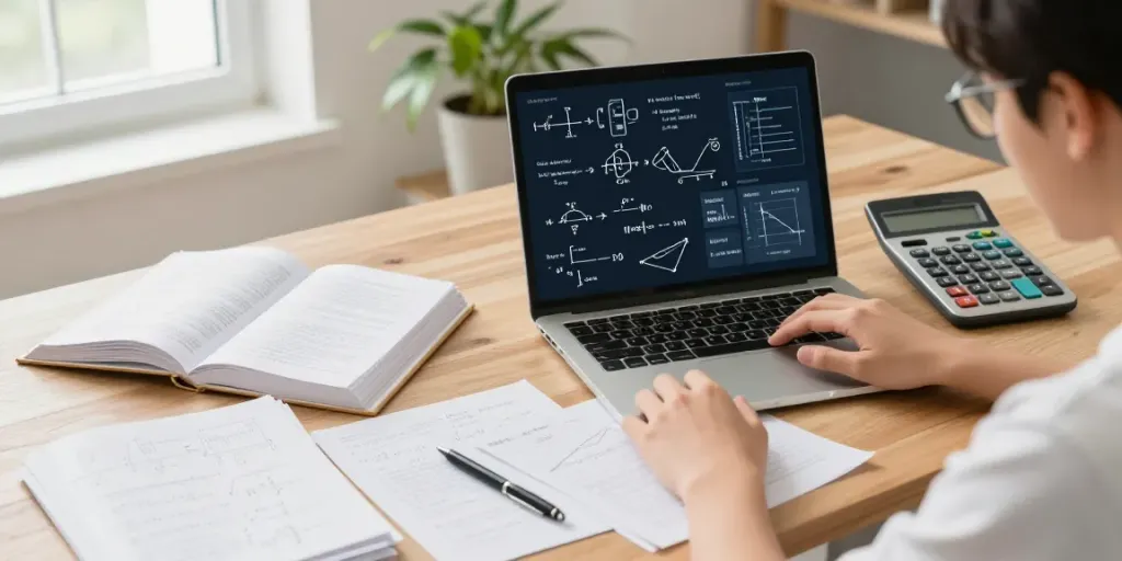 Calculadora científica online sendo usada em uma mesa, com notas e fórmulas.
