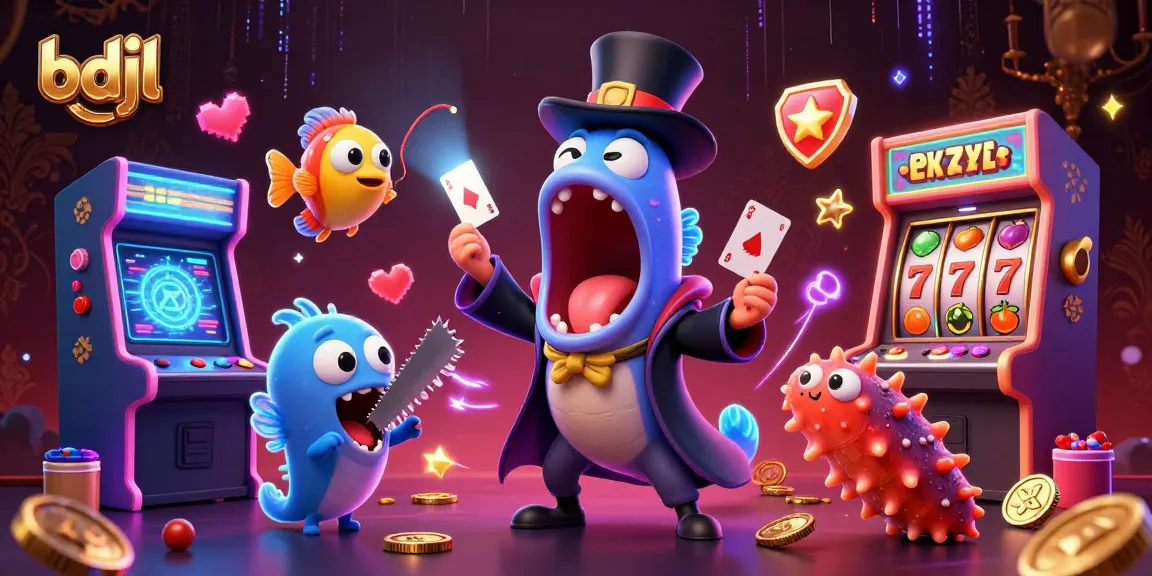 Engage in thrilling card tricks with bdjl's casino-themed deep-sea creatures in vibrant illustration.