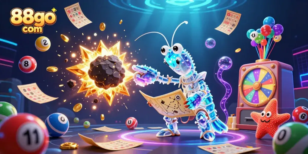 Engage with 88go com showcasing an exciting scene of a galactic samurai mantis shrimp and treasure-rich asteroids.