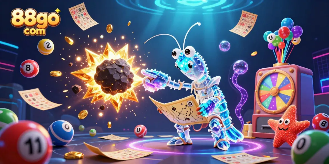 Engage with 88go com showcasing an exciting scene of a galactic samurai mantis shrimp and treasure-rich asteroids.