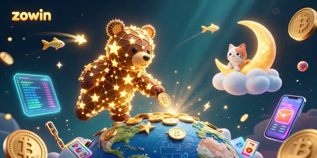 Engage in thrilling games at zowin with captivating golden stars and crypto coins in an exciting casino setting.