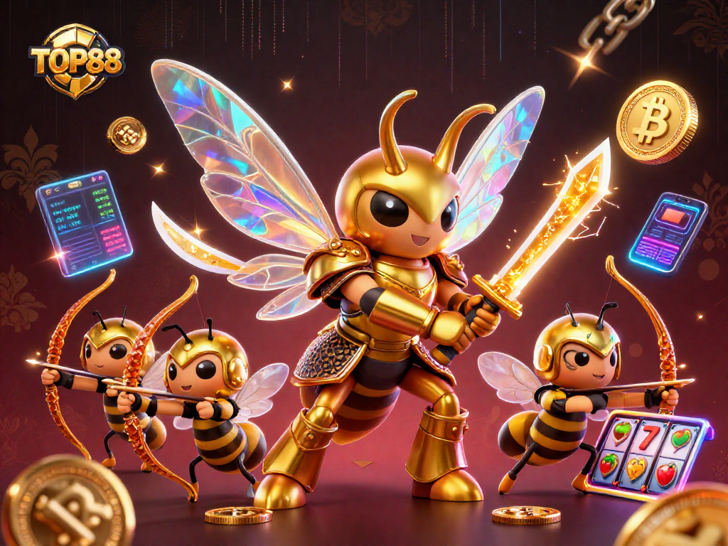 Engage with TOP88 in this vibrant casino scene featuring a giant hornet and bee archers.