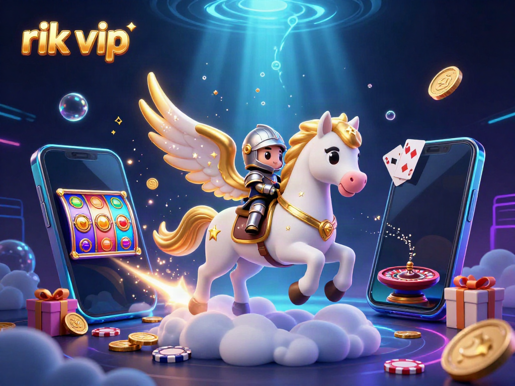 Engage in thrilling gameplay with rik vip, riding a celestial horse amidst colorful slot games and casino elements.