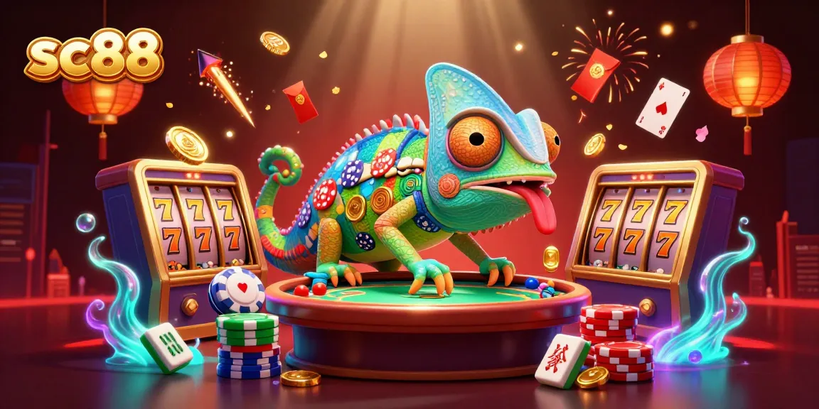 Experience the excitement of SC88 with a vibrant casino scene featuring a colorful chameleon and dynamic game elements.