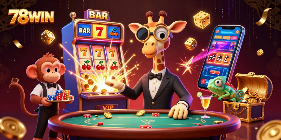 Experience thrilling gaming action with 78WIN in a vibrant 3D casino scene featuring exciting elements and characters.