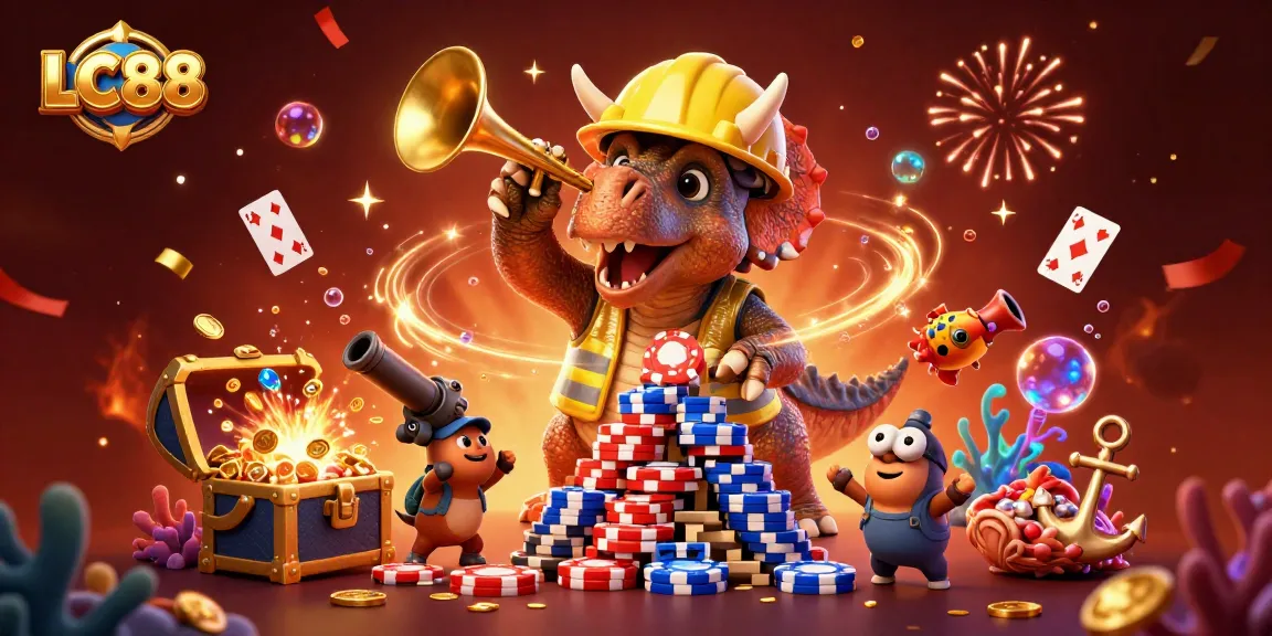 Experience the excitement of LC88 with a cartoon triceratops building poker chip pyramids!
