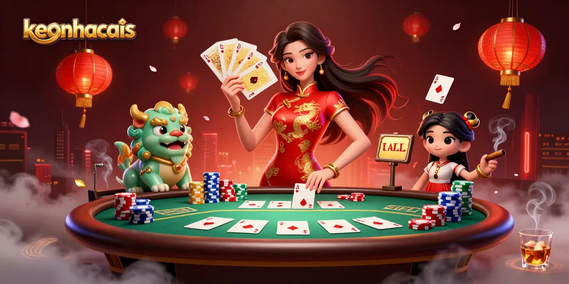 Engage with keonhacais in this vibrant poker scene featuring a woman in a qipao holding playing cards.