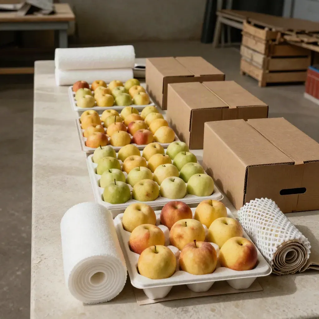 Mesa de seleção com frutas separadas por lote, bandejas perfuradas e caixas prontas para embalagem.