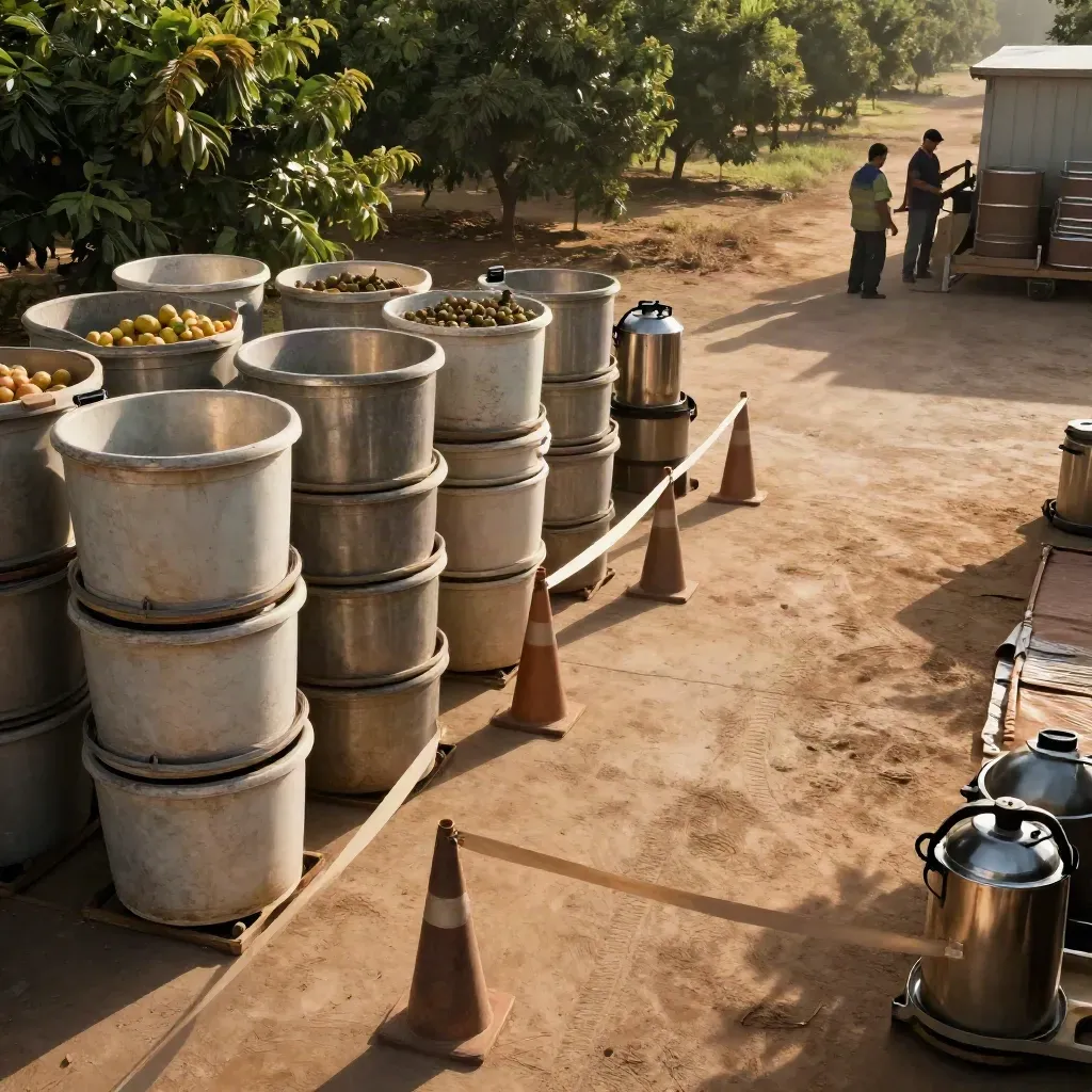 Pátio rural com bins plásticos, cones baixos, galões térmicos e fitas de perímetro ao sol da manhã.