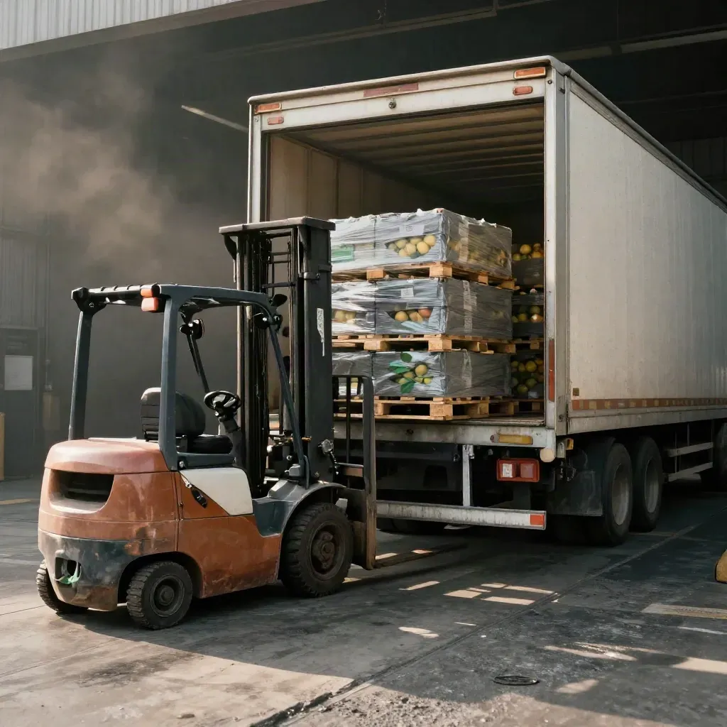 Empilhadeira, pallets de caixas de fruta e caminhão baú aberto no galpão, com poeira e vapor quente.
