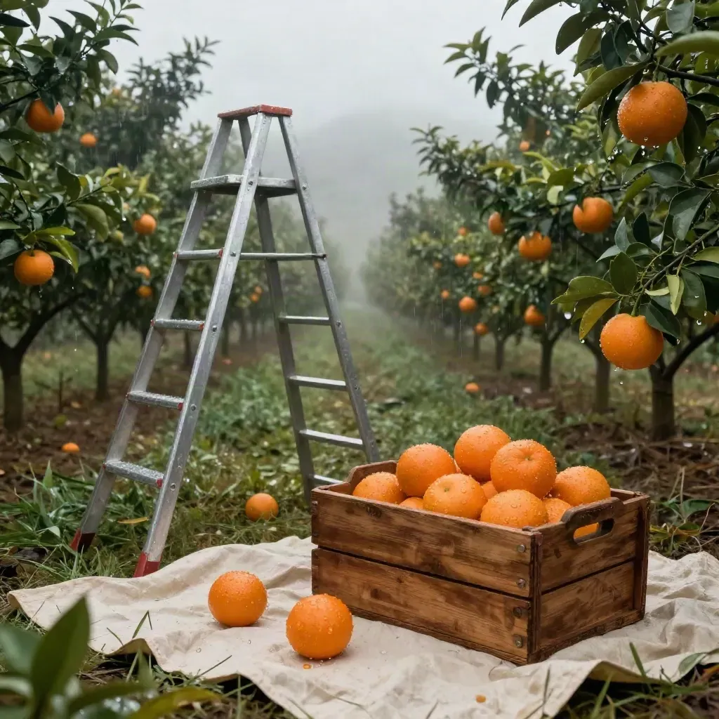 Pomar de laranjas ao amanhecer com caixas de madeira, cestos e névoa baixa.