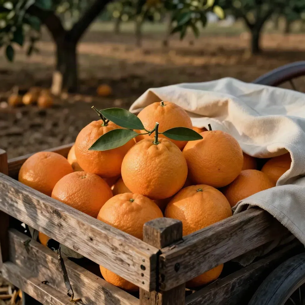 Caixas de laranja cheias em close-up no pomar, com folhas, lona clara e poeira da colheita.
