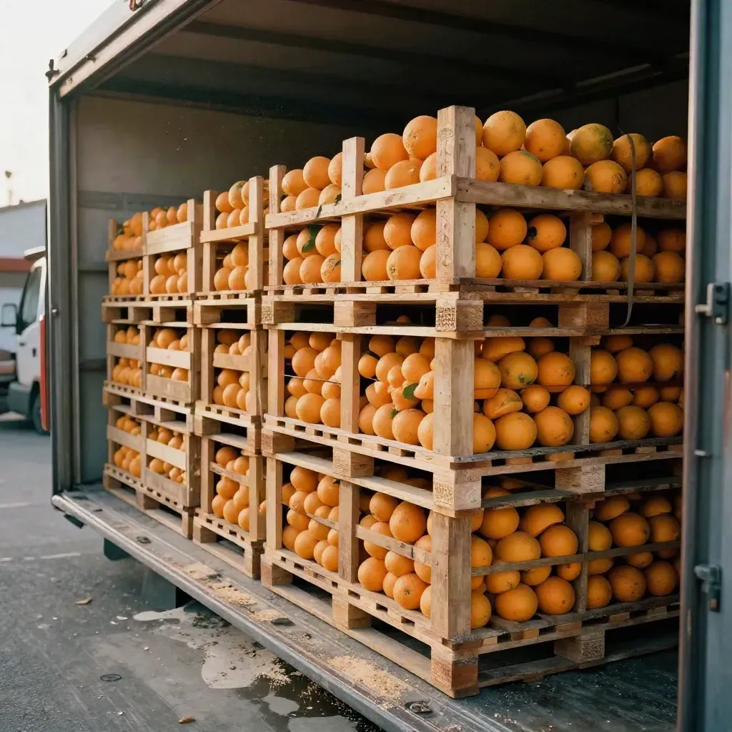 Caixas de laranja sobre paletes no caminhão, corredor limpo e luz quente de fim de tarde.