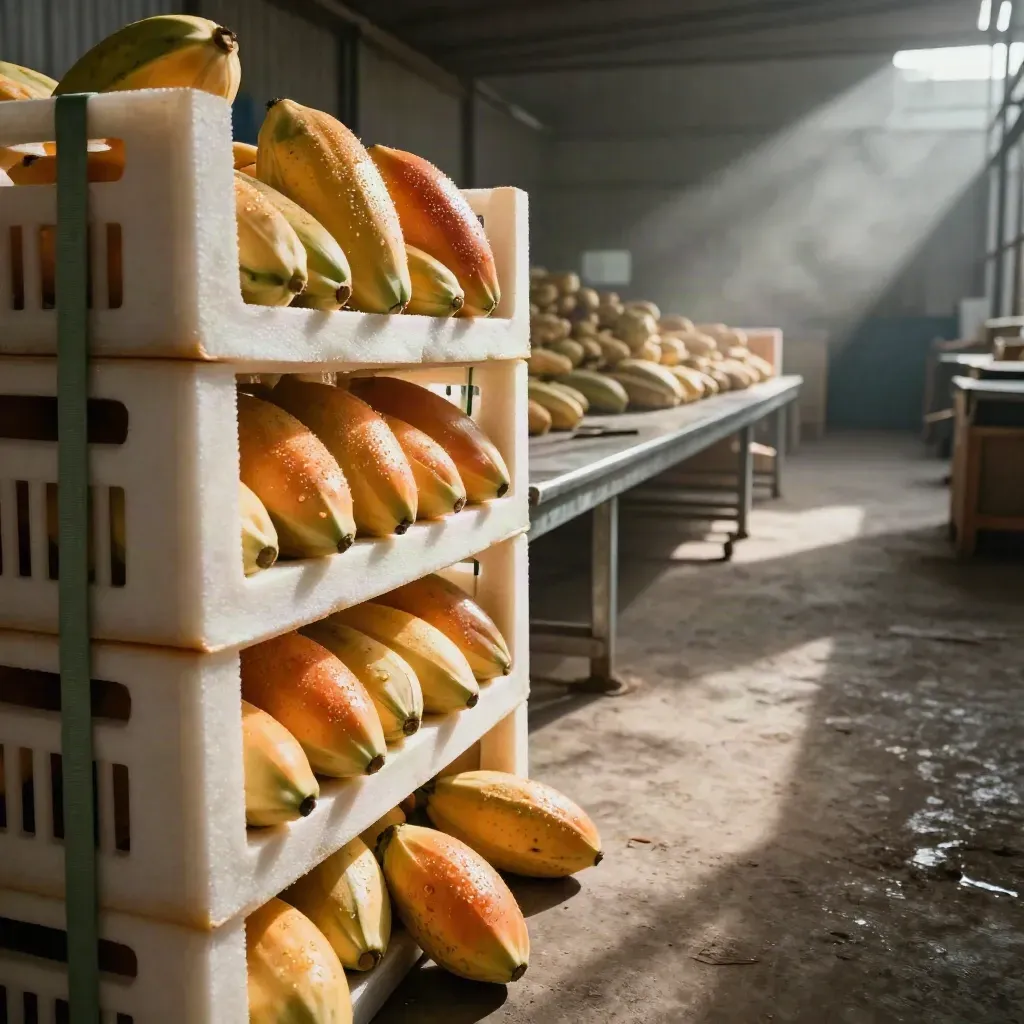 Mamões lavados em caixas prontas para envio num galpão rural, com luz dramática.