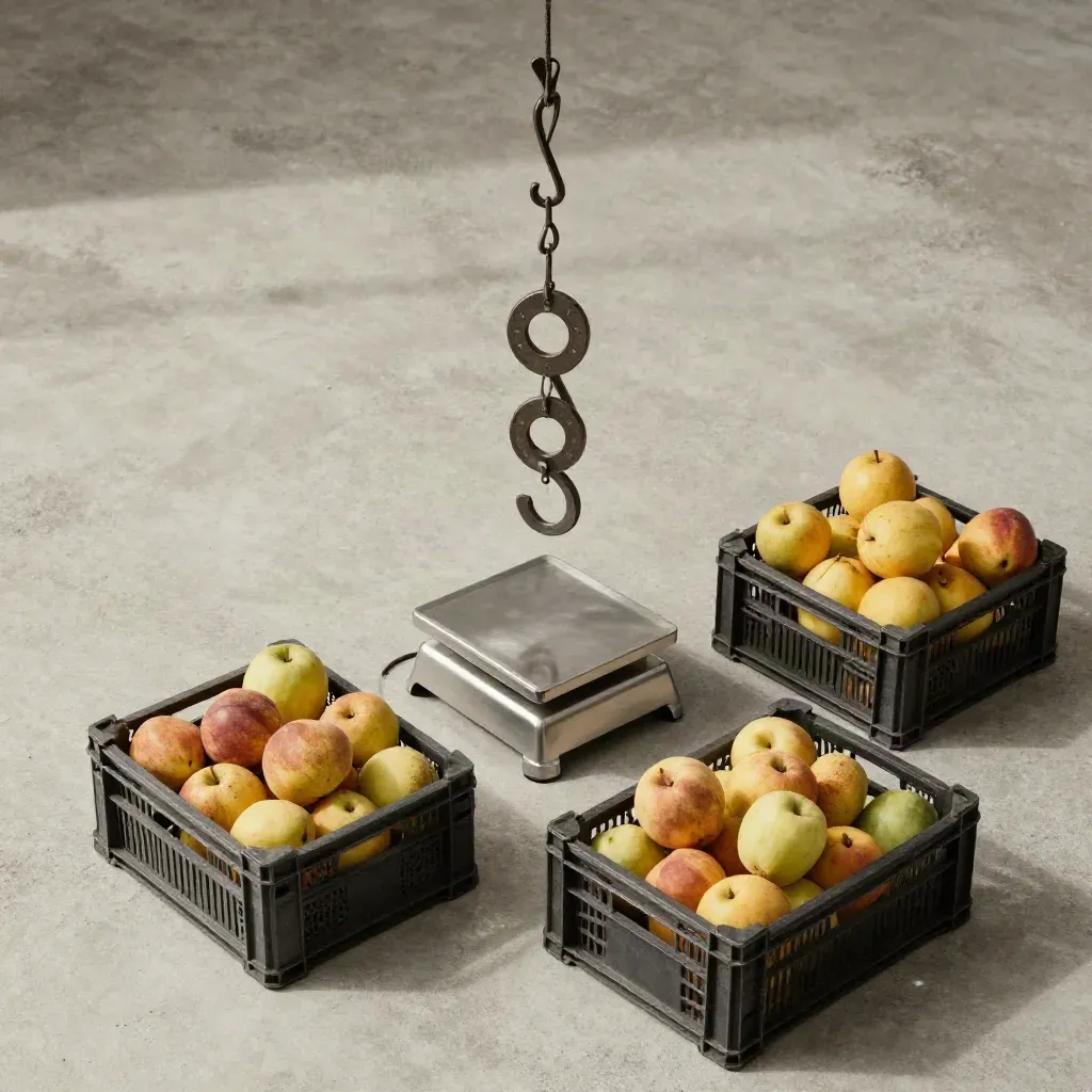 Balança de gancho, anéis de calibração e frutas separadas em caixas baixas sobre concreto.