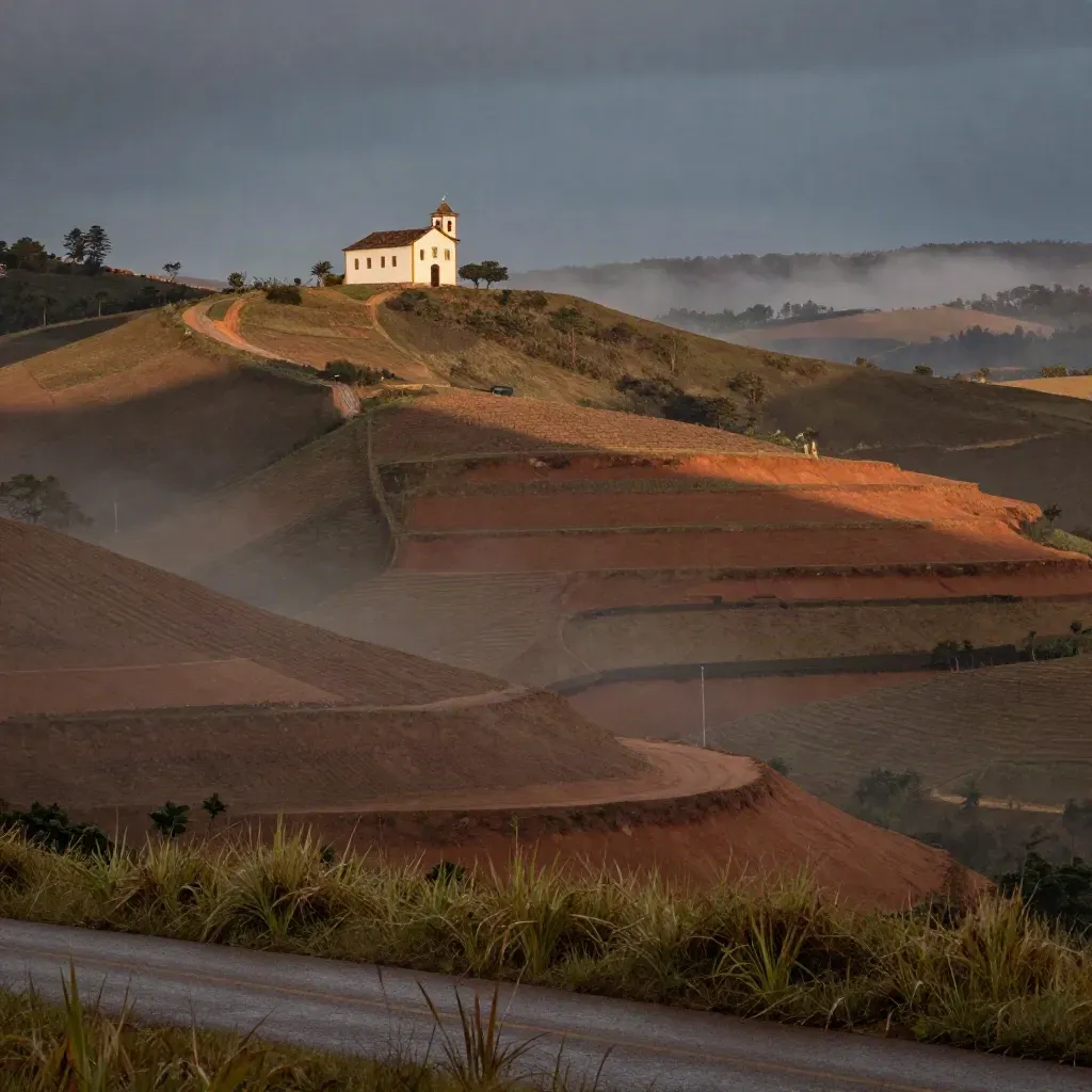 Morros de café em Sul de Minas com capela branca e neblina pós-chuva.