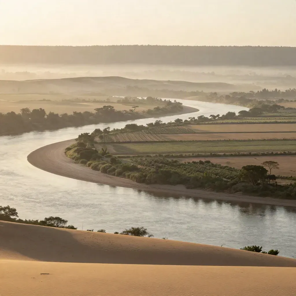 Vale do São Francisco ao amanhecer, com rio, irrigação e dunas claras sob névoa.