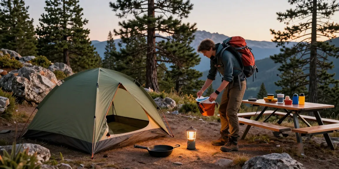 Enthusiastic hiker setting up ROKOK88 super gear at twilight mountain campsite.