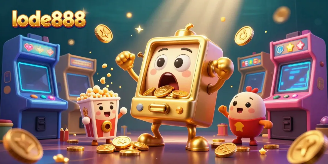 Experience the excitement of winning at lode888 with a vibrant 3D illustration of a golden slot machine celebrating its jackpot.
