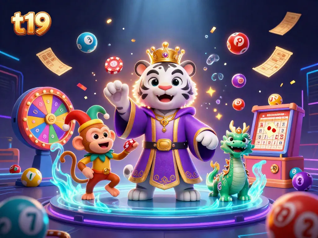Experience the engaging world of t19 with a vibrant 3D scene featuring a royal white tiger, playful monkey, and jade dragon in a casino atmosphere.