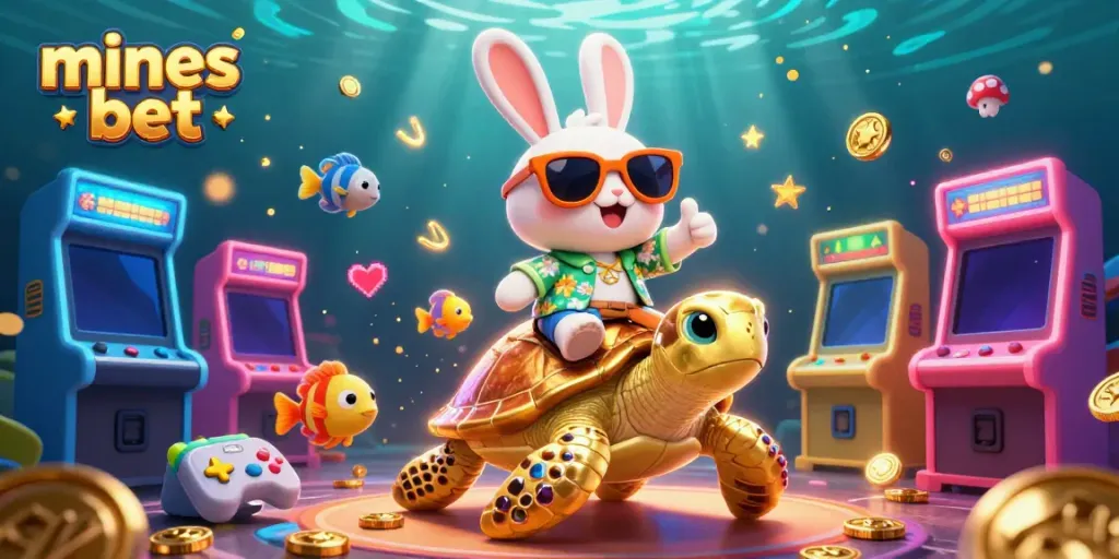 Play mines bet with fun characters in vibrant arcade-inspired underwater scene.