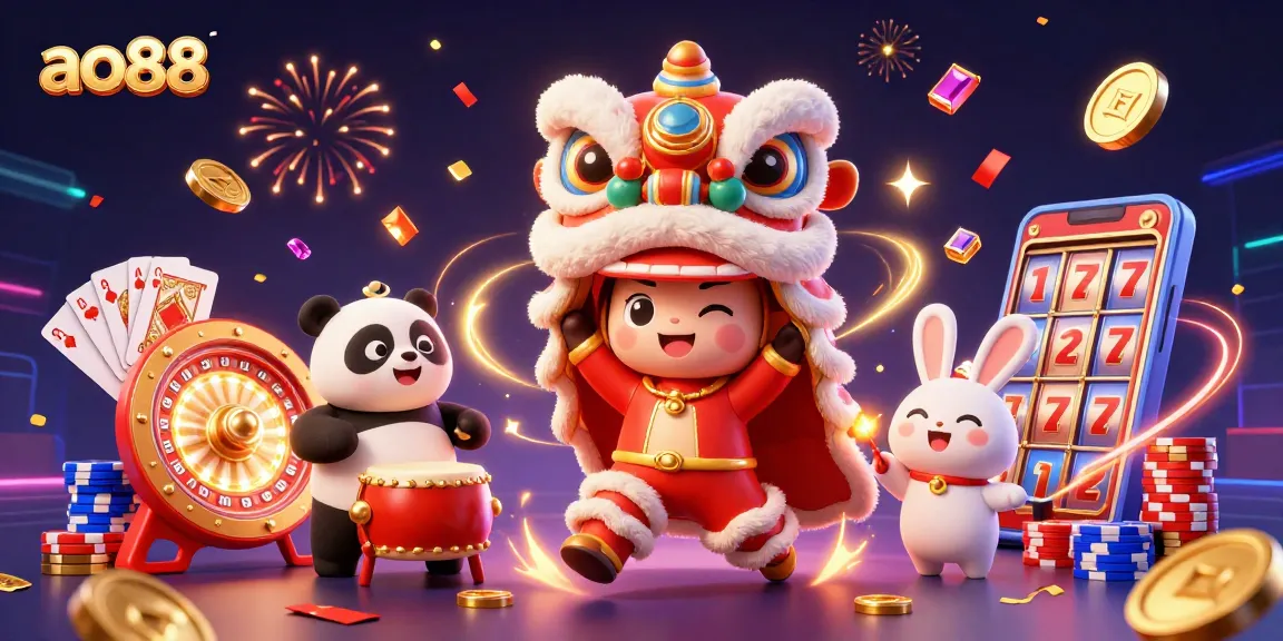 Experience the excitement of ao88 with a dynamic 3D casino illustration of lion dance and festive elements.