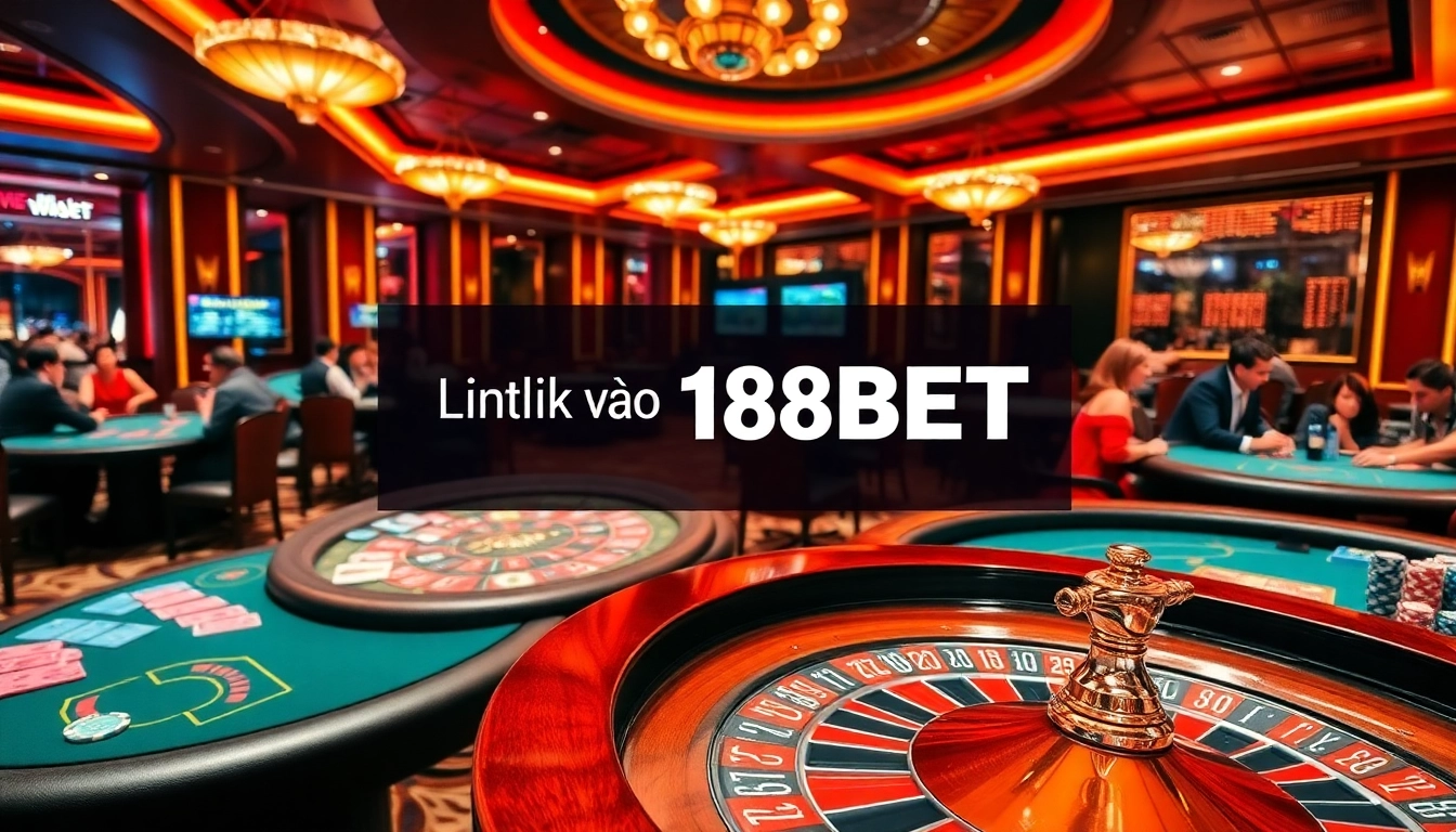 Experience the excitement of link vào 188bet at a luxurious casino with vibrant gaming tables and roulette.
