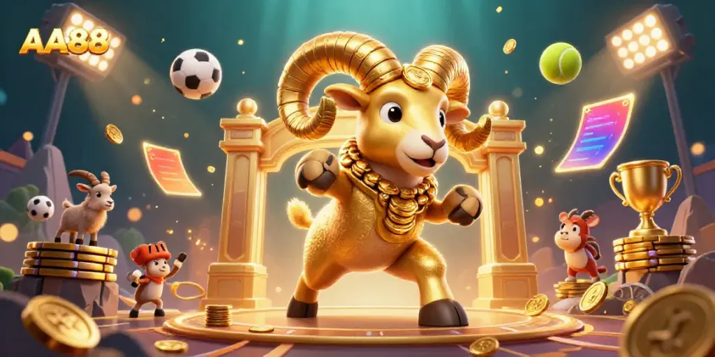 Engaging illustration of AA888, showcasing casino elements with a dynamic golden ram character at the forefront.