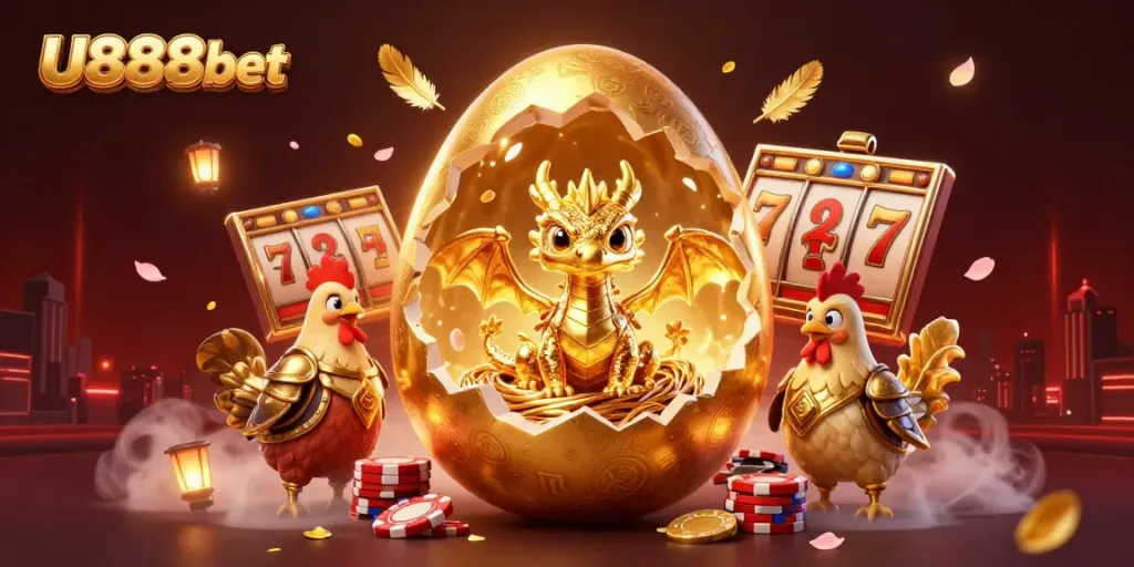 Experience the thrilling world of U888bet with a stunning illustration of a golden dragon and iconic casino elements.