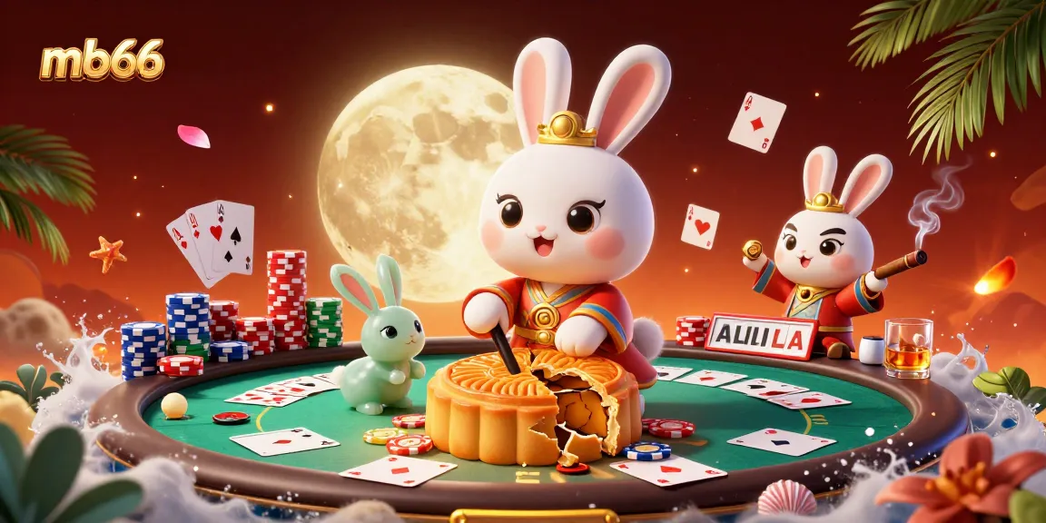 Experience the thrill of mb66 as the moon rabbit reveals poker chips from mooncakes in a vibrant online casino scene.