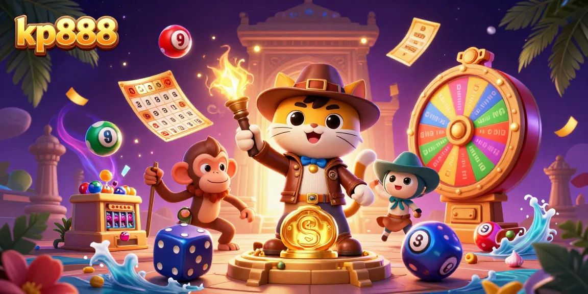 Join the adventure at kp888, where a treasure-seeking cat finds casino gold amid dynamic games and vibrant elements.