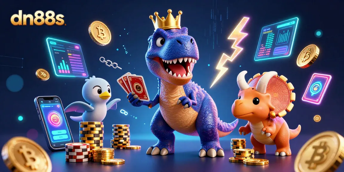 Engage with dn88s gaming dynamics featuring a T-Rex and friends in a vibrant casino world.