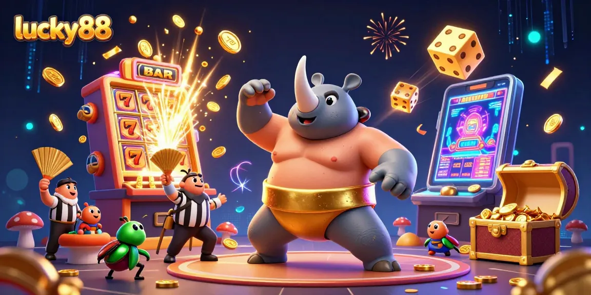 Experience the thrill of lucky88 with a dynamic 3D casino illustration showcasing an exciting jackpot scene.