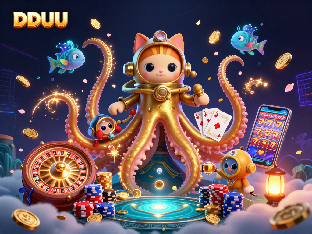 Join the adventure in DDUU with a kraken, diving cat, and dazzling treasure amidst a vibrant casino scene.