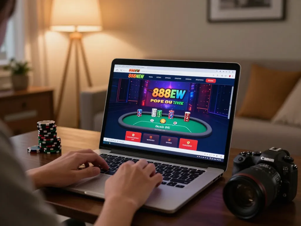 Engaging in online poker gameplay on 888NEW platform from a cozy home setting.