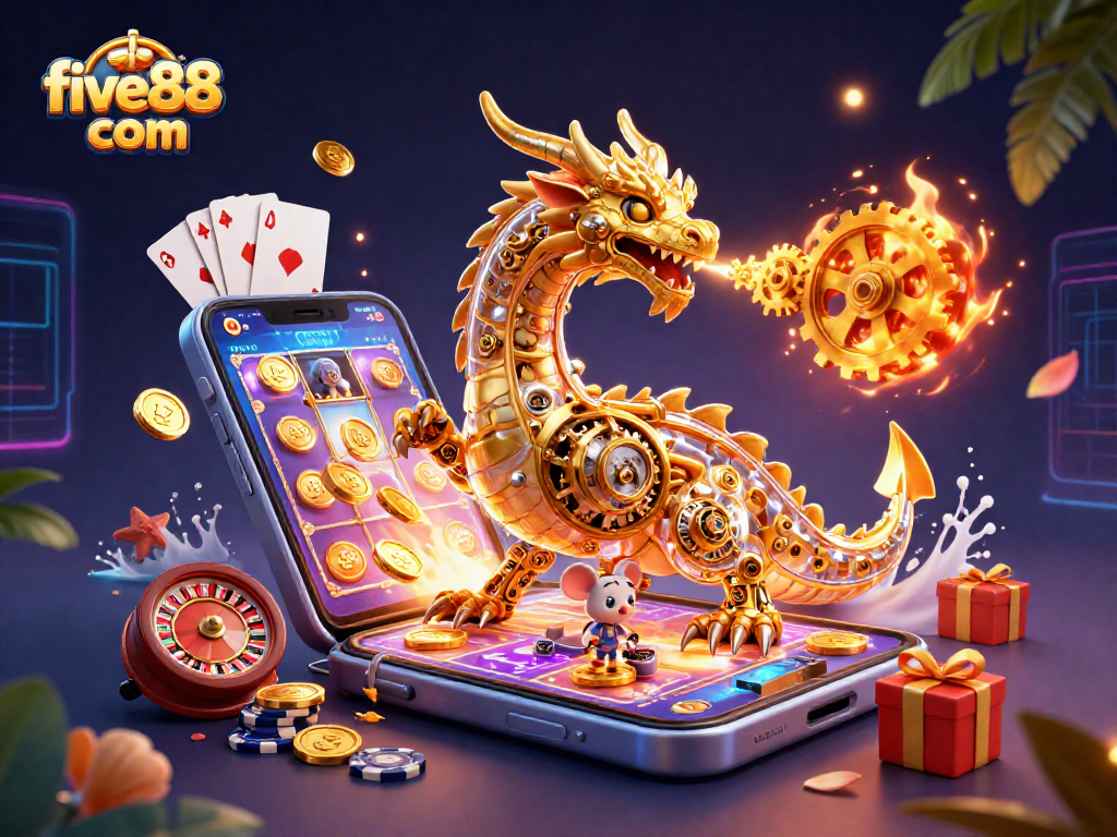 Engage in thrilling gaming at five88 com with our 3D casino dragon illustration showcasing vibrant slot games and poker.