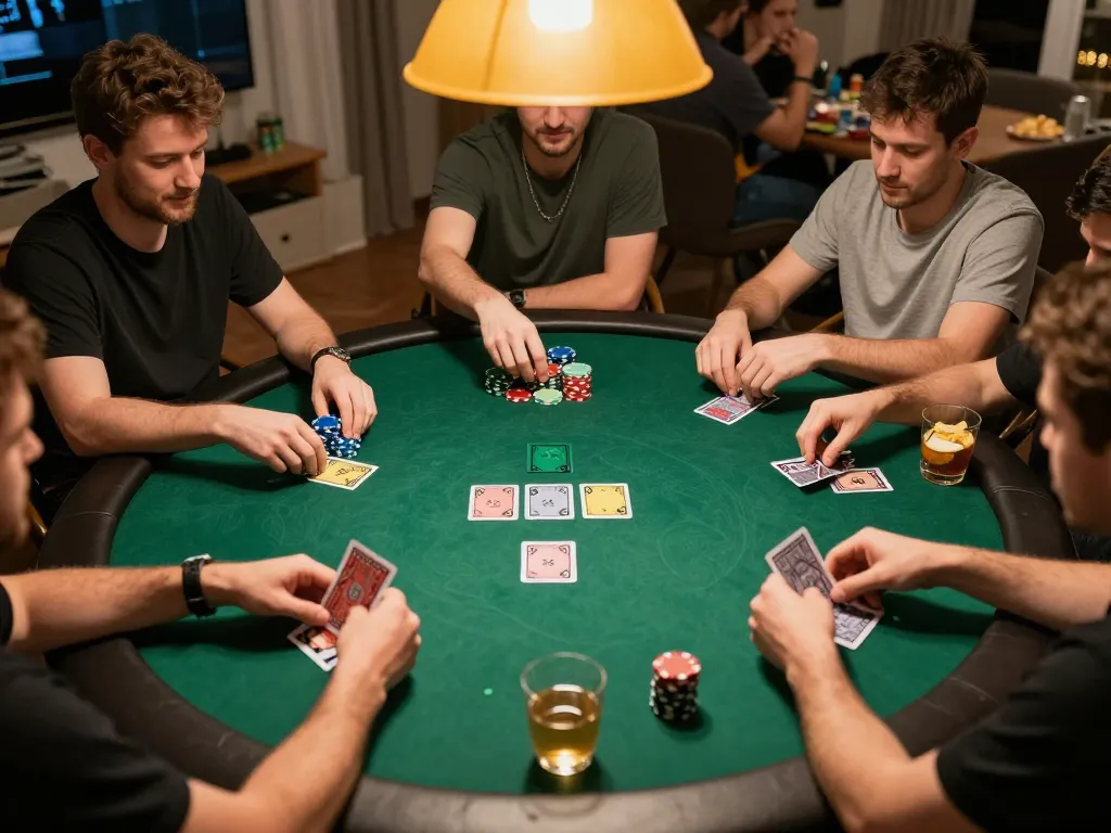 MK8 poker players strategizing with cards during a friendly home game night