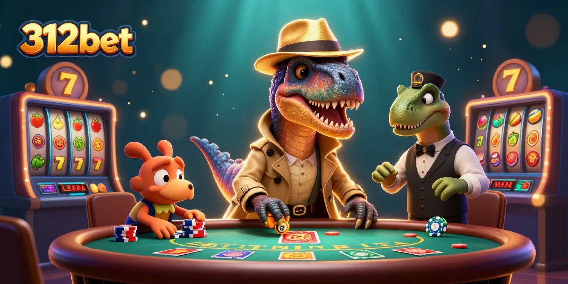 312bet showcases a vibrant scene with a velociraptor at a blackjack table, enhancing the gaming experience.