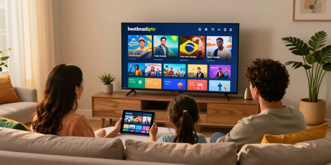 Família aproveitando o melhor do bestbraziliptv em uma sala aconchegante com TV e tablet.