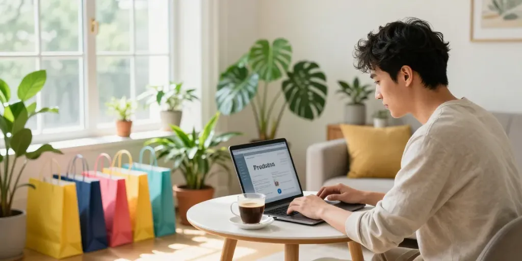 Engaging shopping experience with Produtos in a cozy home setting.