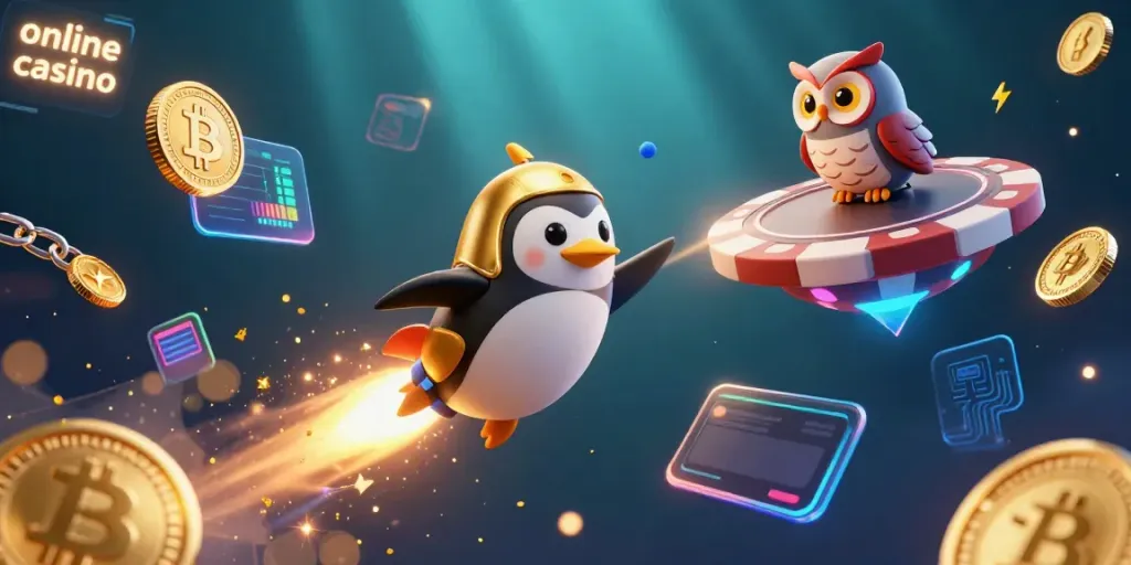Engaging online casino scene with a golden penguin and crypto elements.