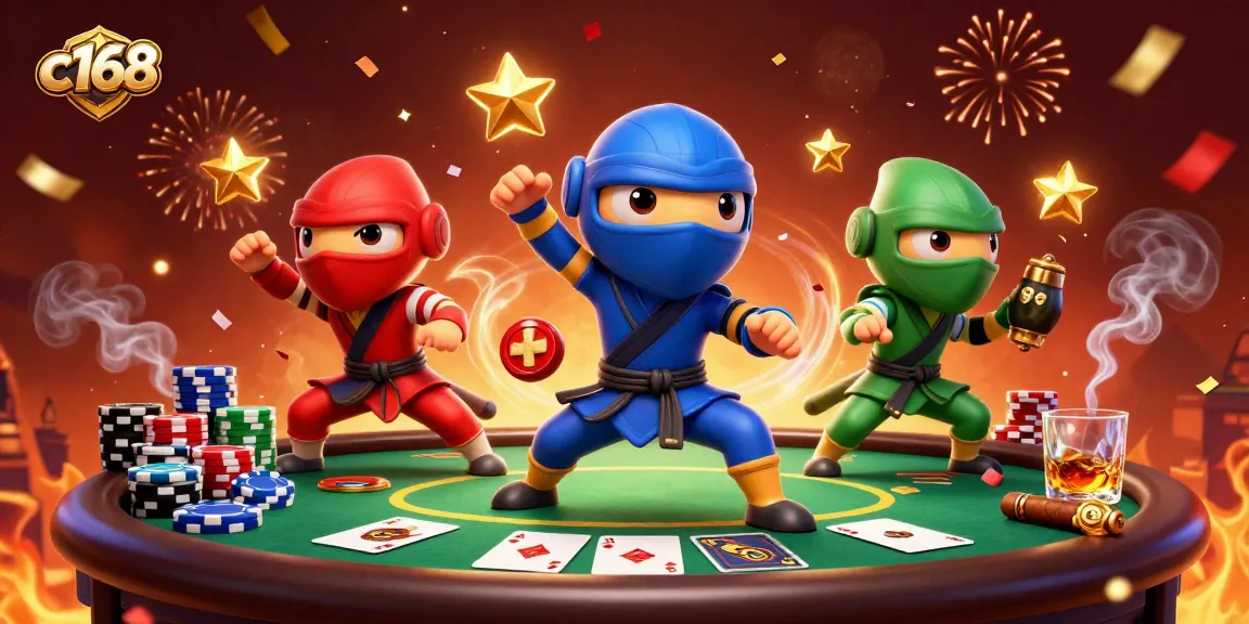 C168 showcases a vibrant 3D scene of ninja chameleons performing martial arts, surrounded by poker elements.