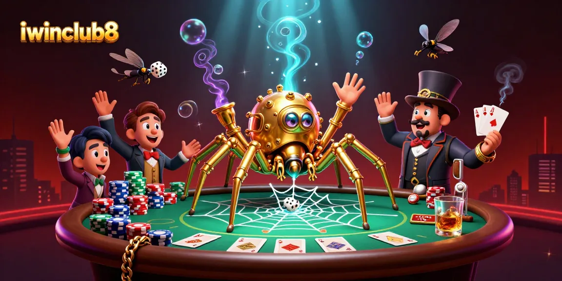 Engage with iwinclub8’s immersive casino experience through a dynamic illustration of a steampunk spider and poker elements.