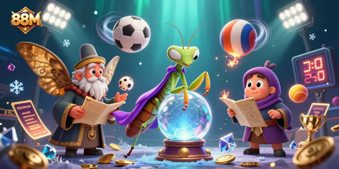 Engage with 88M's vibrant gambling world through this dynamic scene of fortune tellers and sports elements.