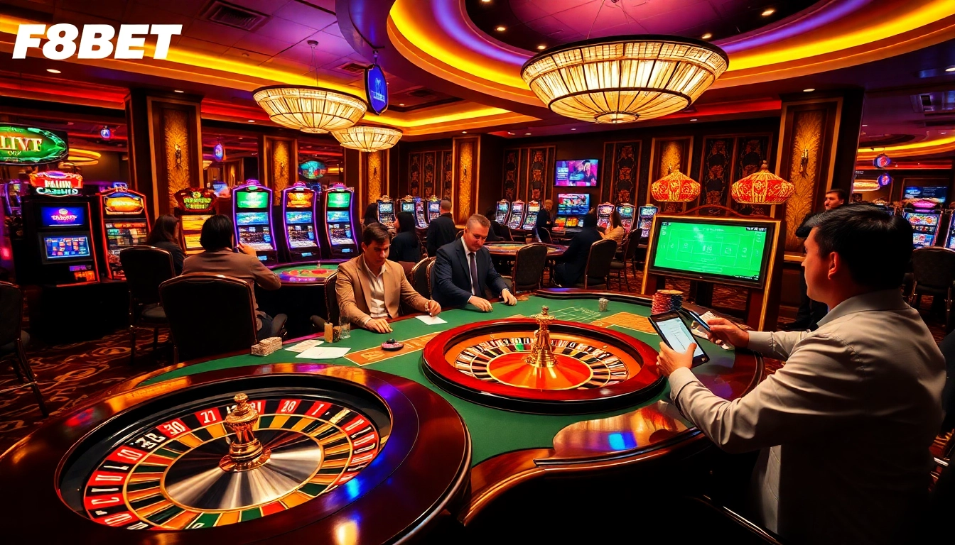 Players engaging in thrilling casino games at F8BET, showcasing poker, roulette, and slot machines.