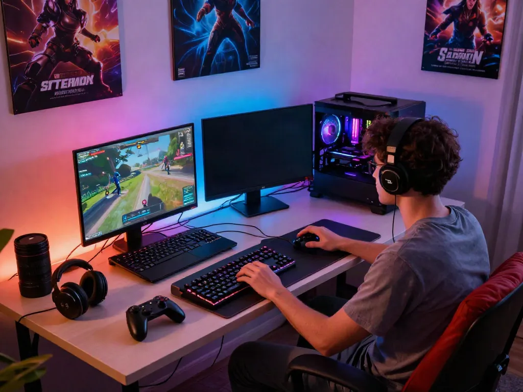 Engaged gamer using rokok88 super laptop in vibrant gaming setup