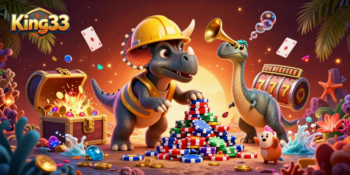 Experience King33 excitement with cartoon characters celebrating casino wins amidst vibrant gaming elements.