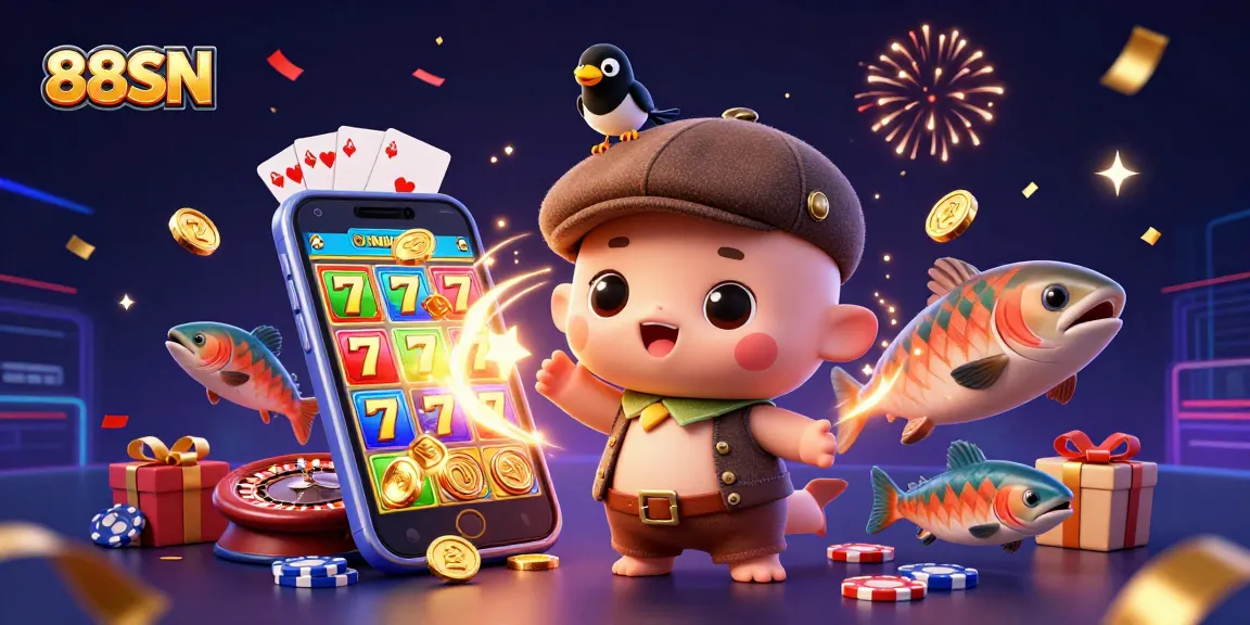 Join the fun at 88SN with our dynamic gaming scene featuring lively characters and exciting casino elements!