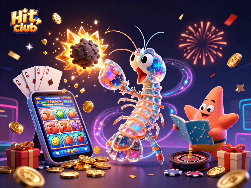 Hit club features an energetic 3D scene with galactic samurai and starfish amidst exciting casino elements.